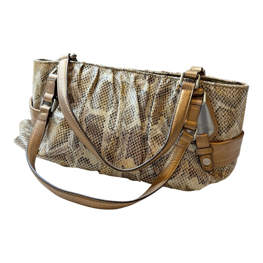 B. Makowsky Handbag Bag Purse Tote Snakeskin Metallic Gold Tan Beige Leather
